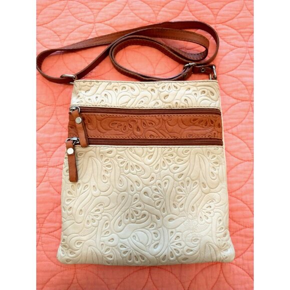 Zagara Handbags - Zagara Women's Crossbody Shoulder Bag Tooled Leather Italy Ivory & Tan 8.5x9.5